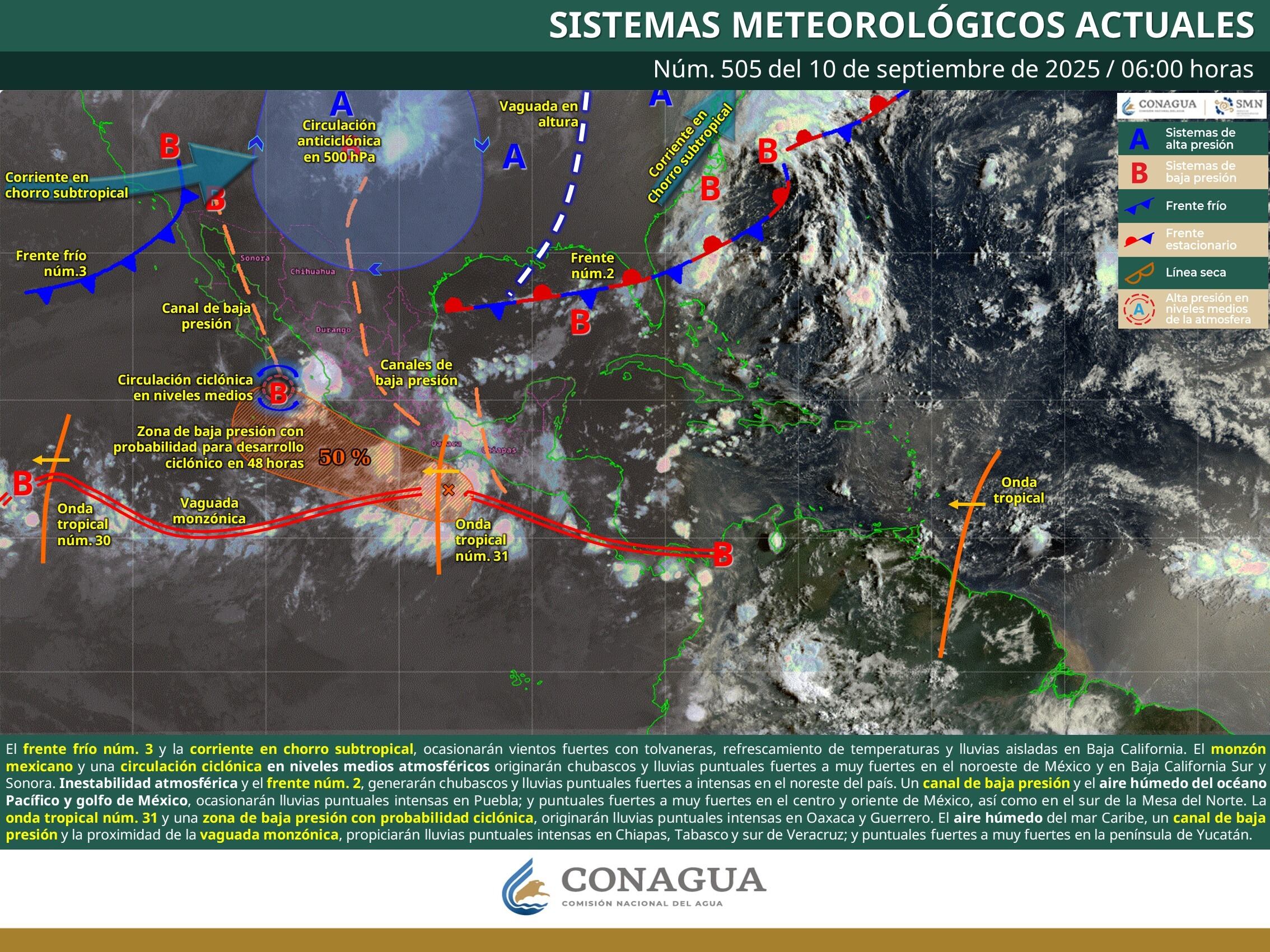 SMN alerta: tormentas, granizo y calor extremo en México este 10 de septiembre. | Crédito: SMN/Conagua