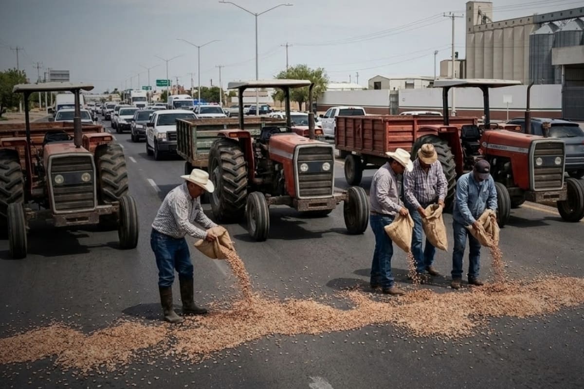 Productores de Chihuahua tiraron su frijol en media calle como protesta ante el bloqueo burocrático del Gobierno de Claudia Sheinbaum que les impide vender su cosecha récord al precio oficial de 27 pesos por kilo