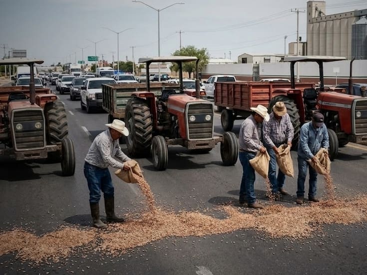 Productores de Chihuahua tiraron su frijol en media calle como protesta ante el bloqueo burocrático del Gobierno de Claudia Sheinbaum que les impide vender su cosecha récord al precio oficial de 27 pesos por kilo