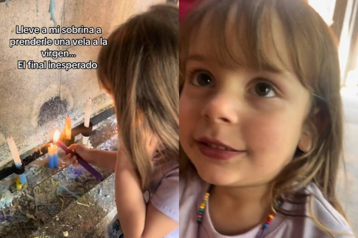 Niña sorprende en TikTok al pedirle un celular a la Virgen María tras encenderle una vela