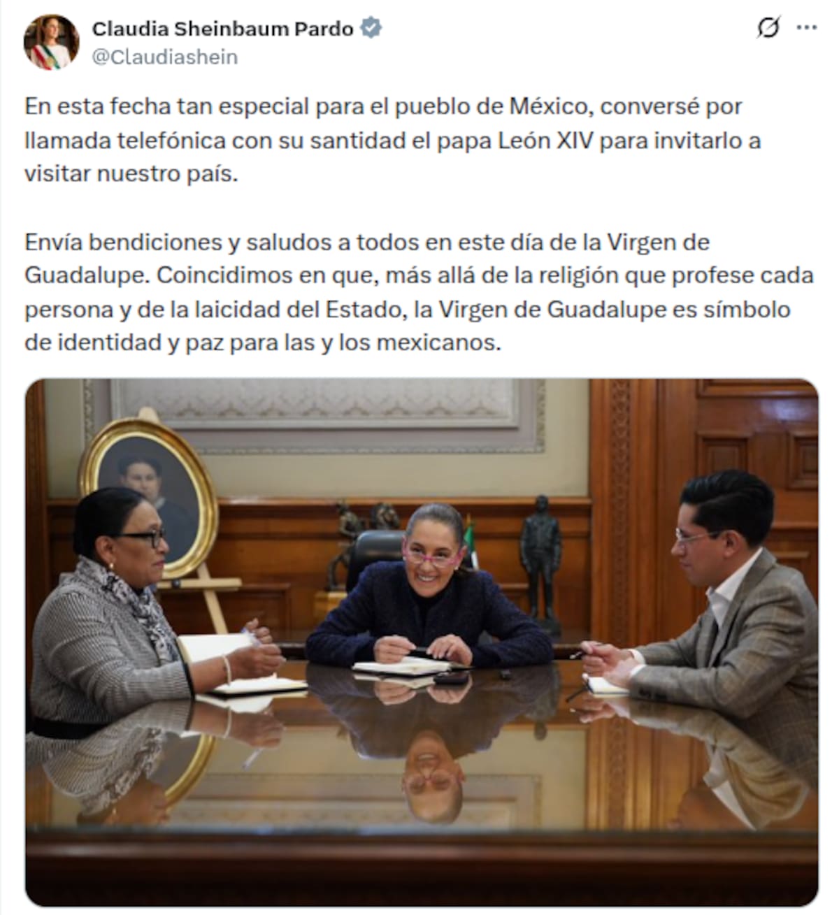 Sheinbaum y el papa León XIV dialogan en el Día de la Virgen de Guadalupe. | Captura de pantalla