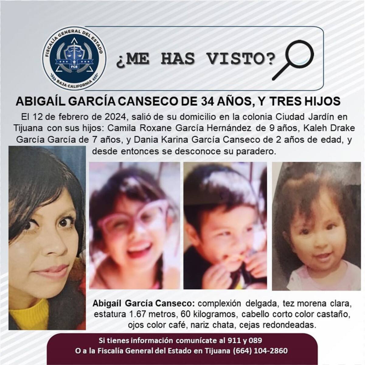 Pesquisa de Abigaíl García Canseco y sus tres hijos: Camila Roxane García Hernández, Kaleh Drake García García y Dania Karina García Canseco, de 2 años de edad.