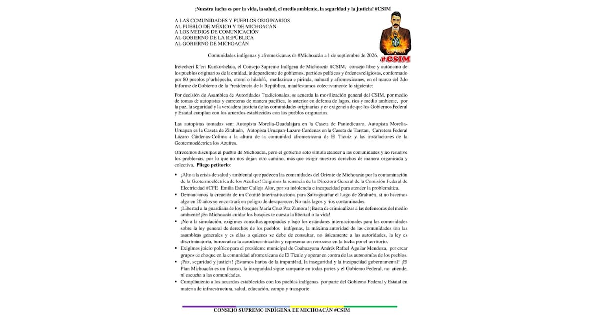 En su comunicado, el CSIM exige la renuncia de la directora de la CFE, la protección del lago de Zirahuén y la liberación de la defensora ambiental María Cruz Paz Zamora. (@CNI_Mexico)