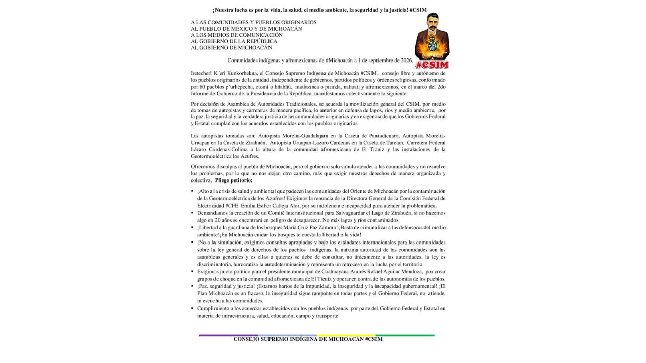 En su comunicado, el CSIM exige la renuncia de la directora de la CFE, la protección del lago de Zirahuén y la liberación de la defensora ambiental María Cruz Paz Zamora. (@CNI_Mexico)