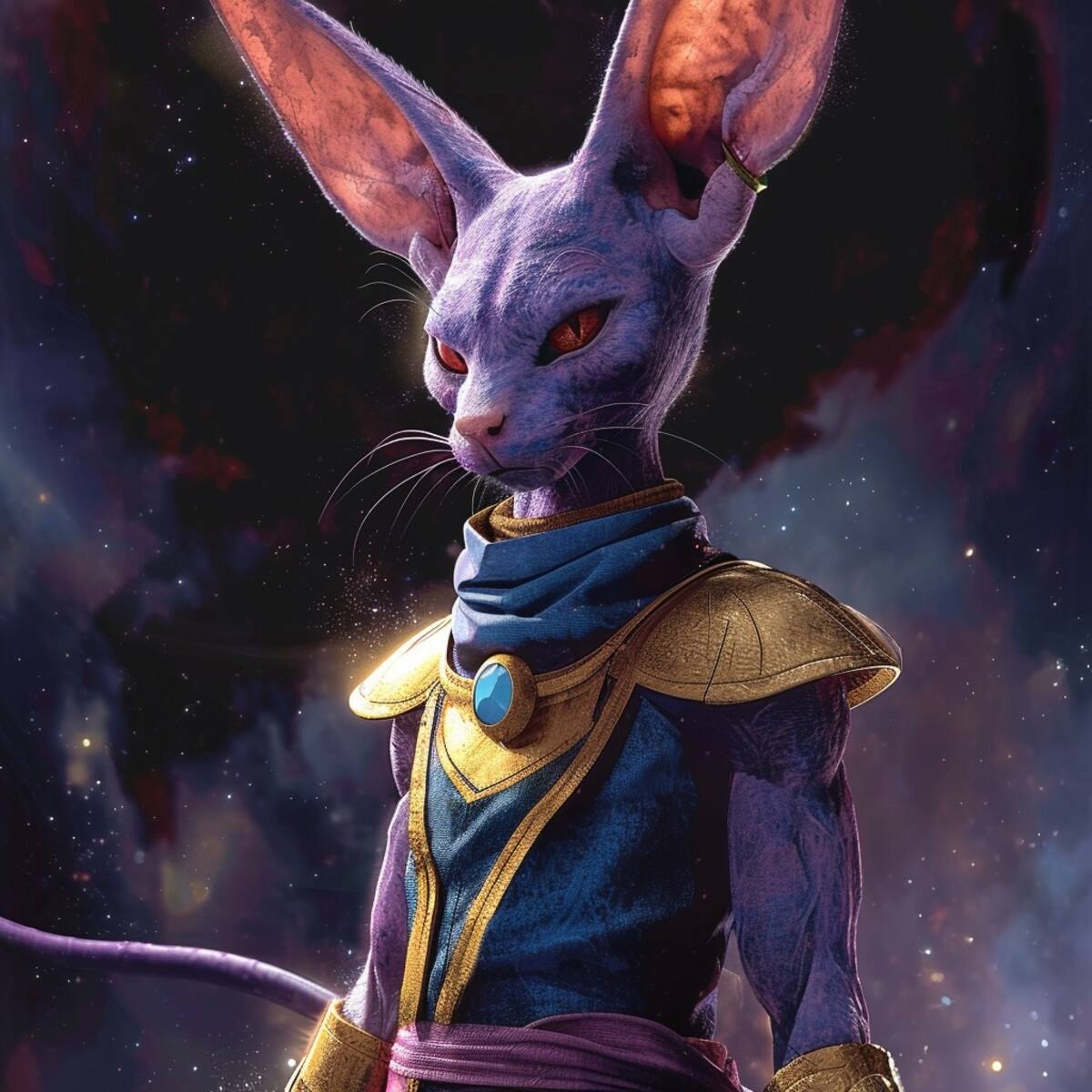 La IA nos presenta a Bills de Dragon Ball con un imponente atuendo egipcio, fusionando la fantasía con la realidad.