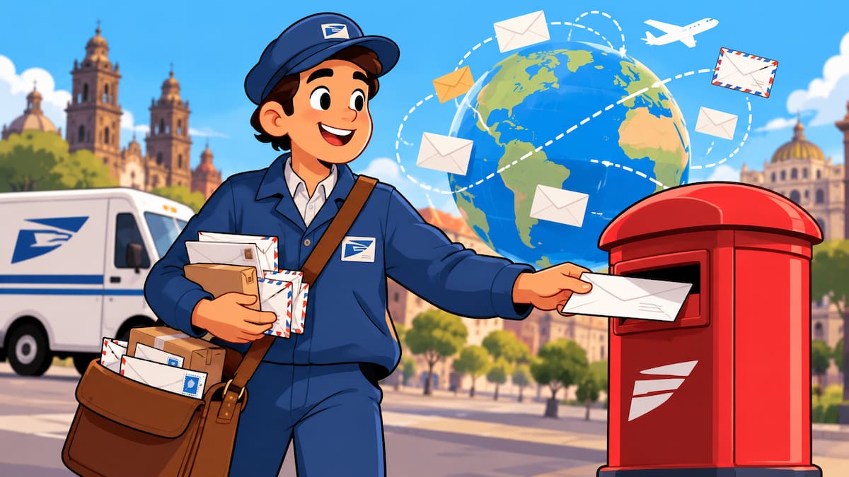 Ilustración sobre el Día Mundial del Correo, con un cartero, cartas, paquetes y un buzón como símbolos de la comunicación postal y la conexión entre personas alrededor del mundo. (Crédito: Imagen hecha con IA de ChatGPT)