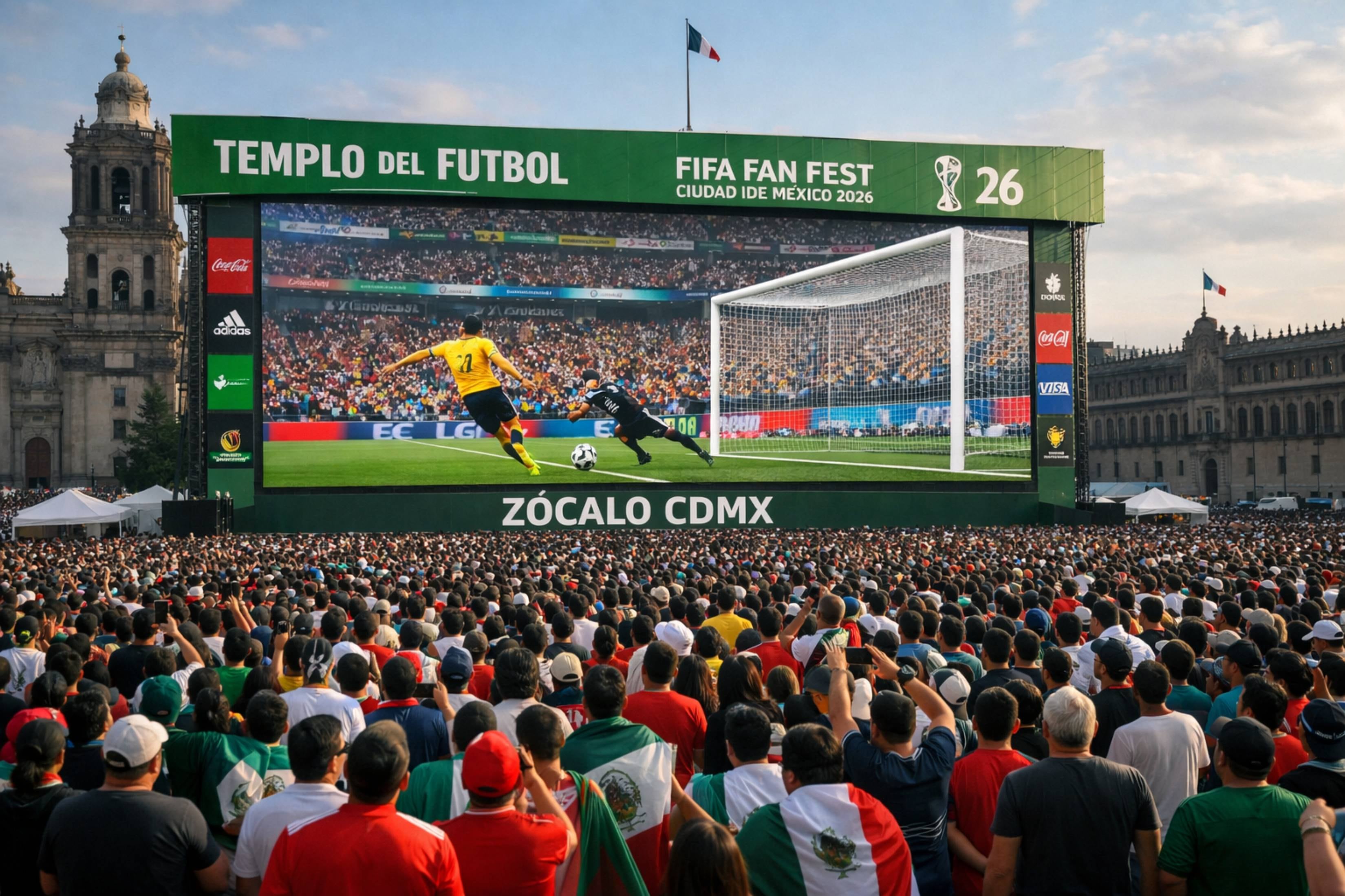 La FIFA Fan Fest instalada en el Zócalo de la Ciudad de México ha recibido a más de 576 mil personas en solo 7 días. Foto: Generada con IA