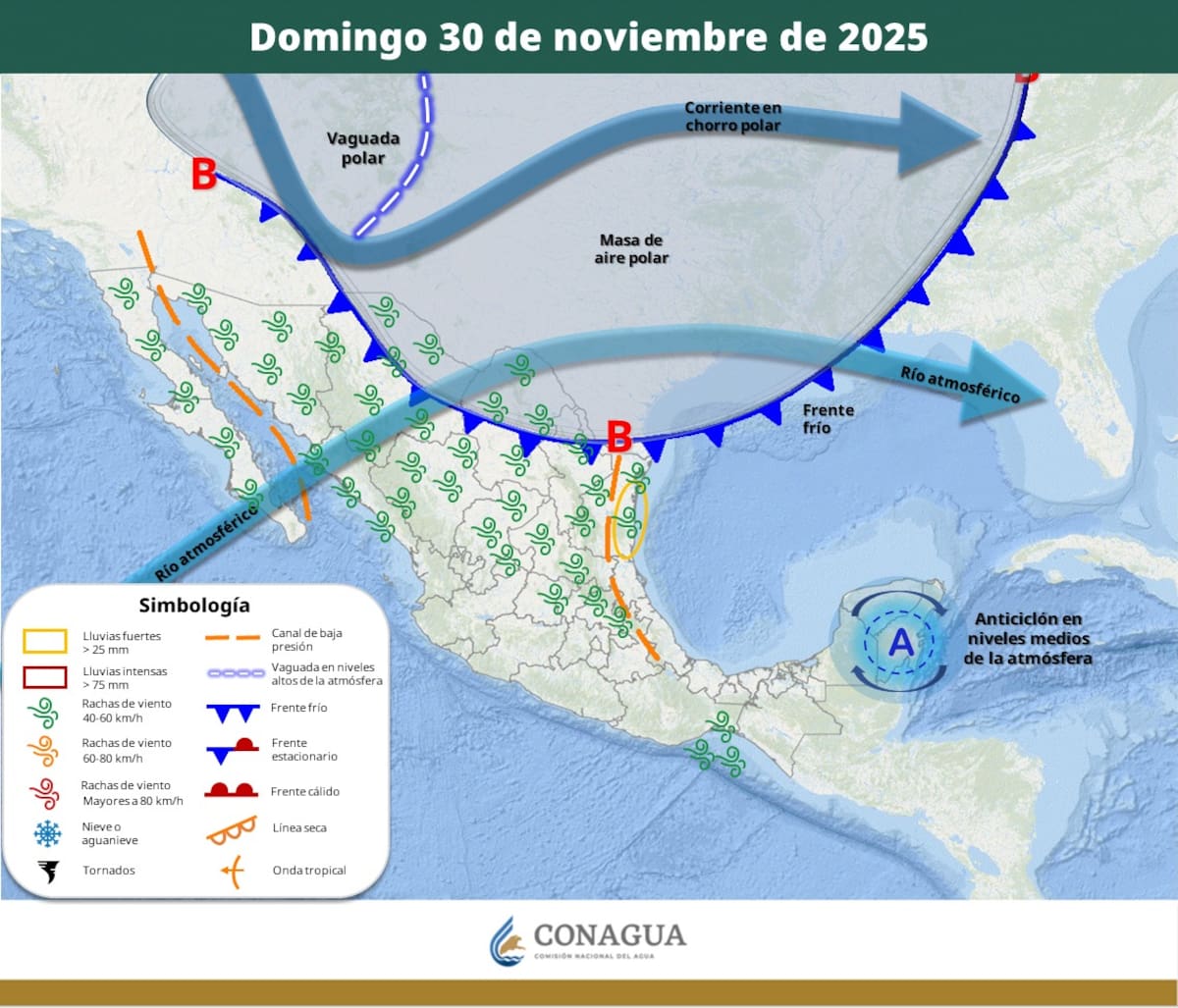 Pronóstico del clima para el domingo 30 de noviembre del 2025. | Crédito: SMN