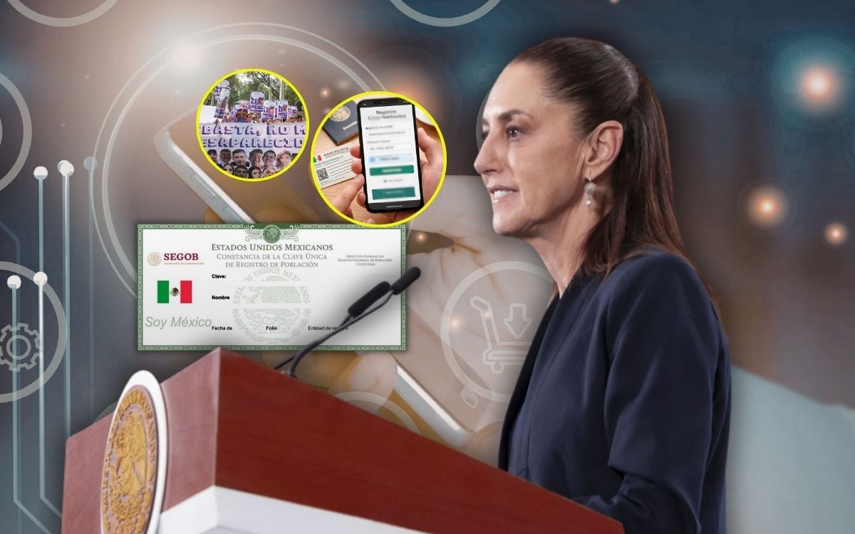 Gobierno de México obliga registro de líneas móviles con CURP desde enero de 2026 y fija fecha límite en junio, mientras Sheinbaum defiende que no invade privacidad y ayudará a localizar desaparecidos. | Crédito: Presidencia/REUTERS/Canva