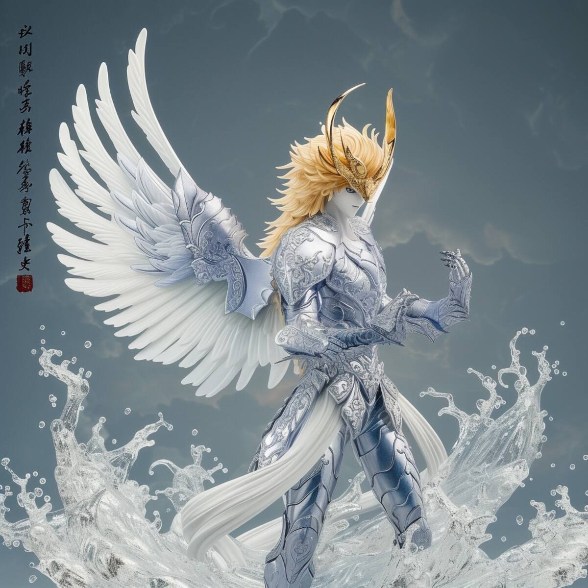 En las imágenes generadas por la IA, Hyōga de Cygnus emerge con fuerza y gracia, portando un escudo plateado que simboliza su valentía como caballero.