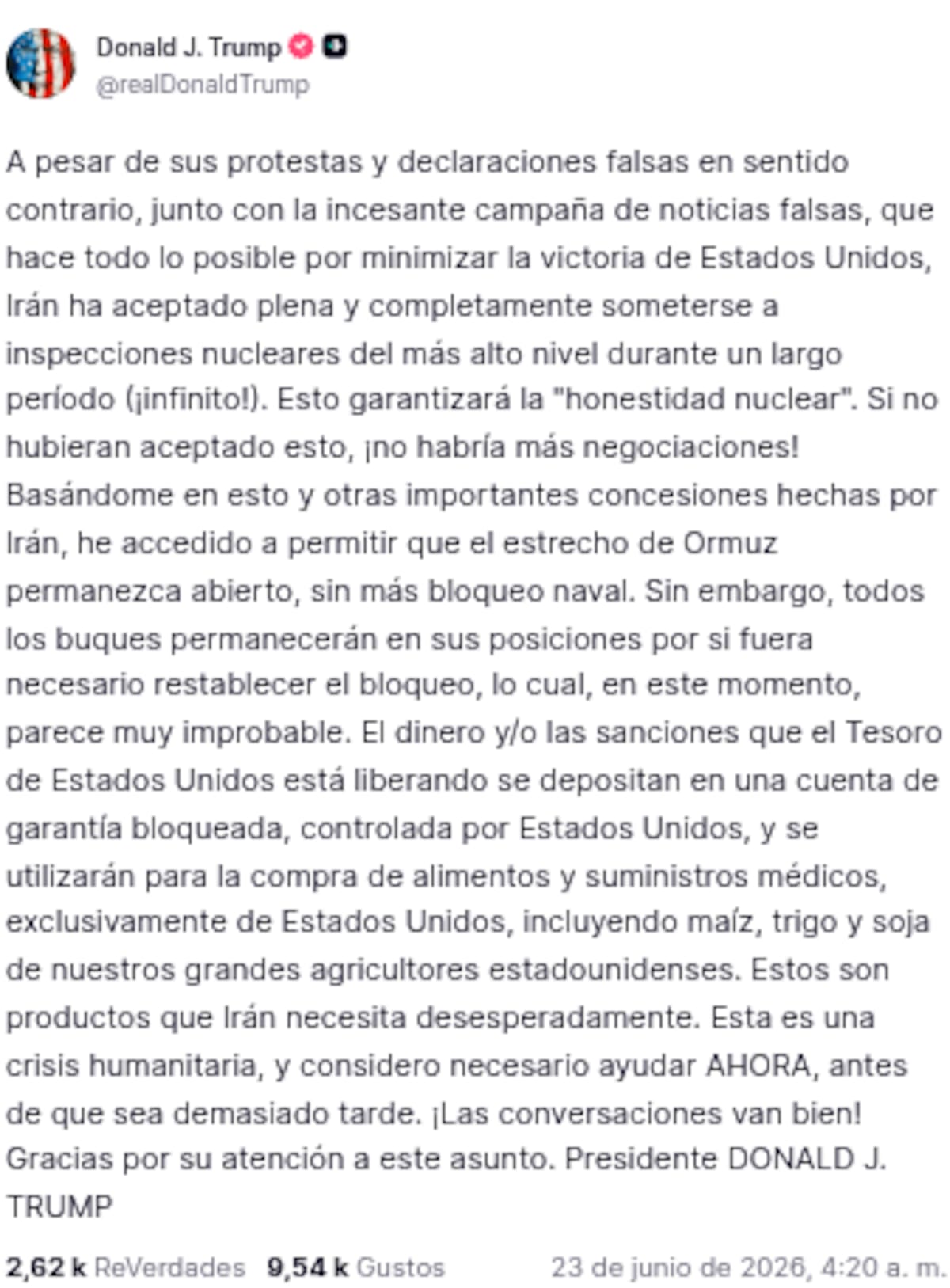 Captura de pantalla (Truth Social @realDonaldTrump)