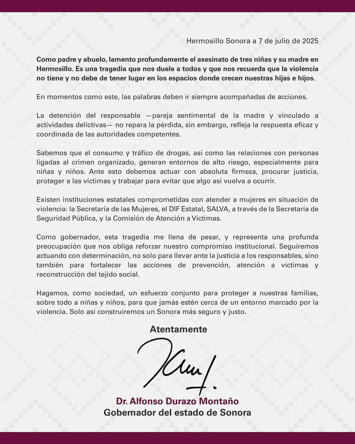 Comunicado oficial. (X @AlfonsoDurazo)