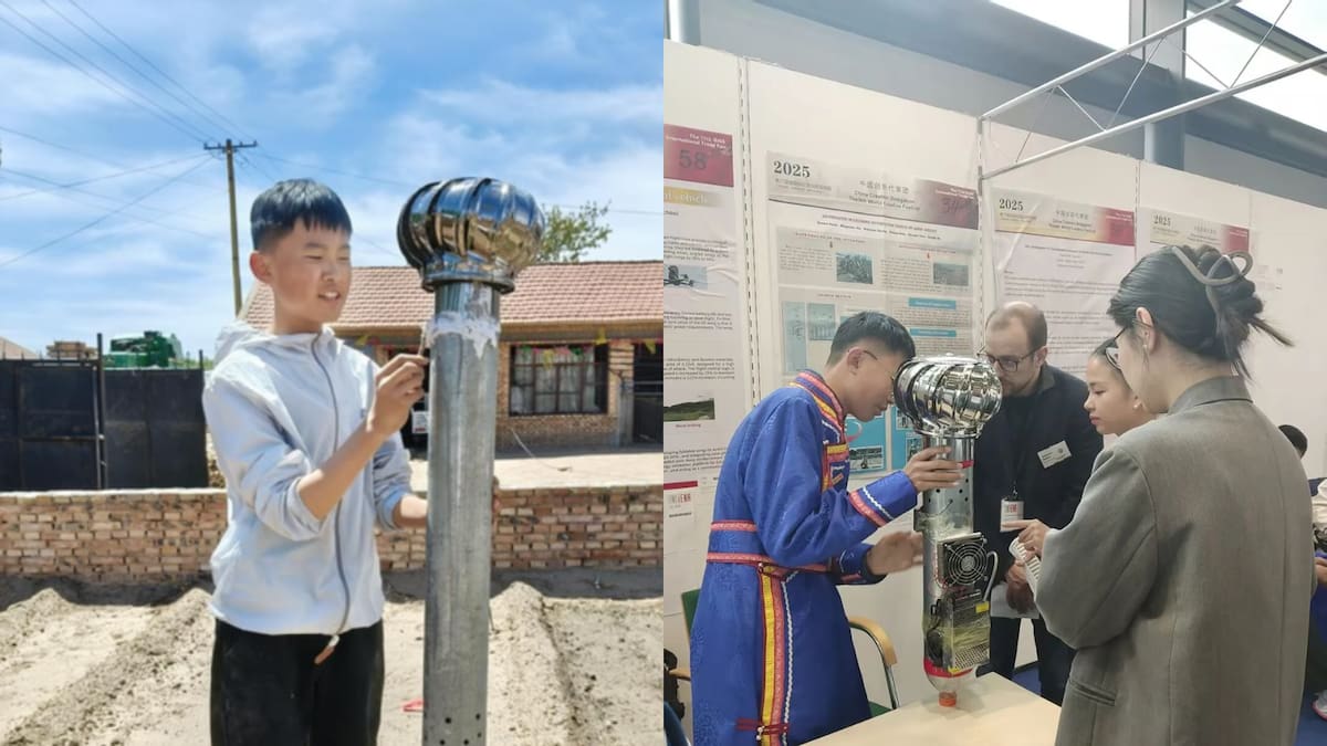 Un estudiante chino de 14 años creó un sistema con un tubo metálico y botellas de plástico que obtiene agua de la humedad del aire para regar zonas desérticas sin usar electricidad, bombas ni motores