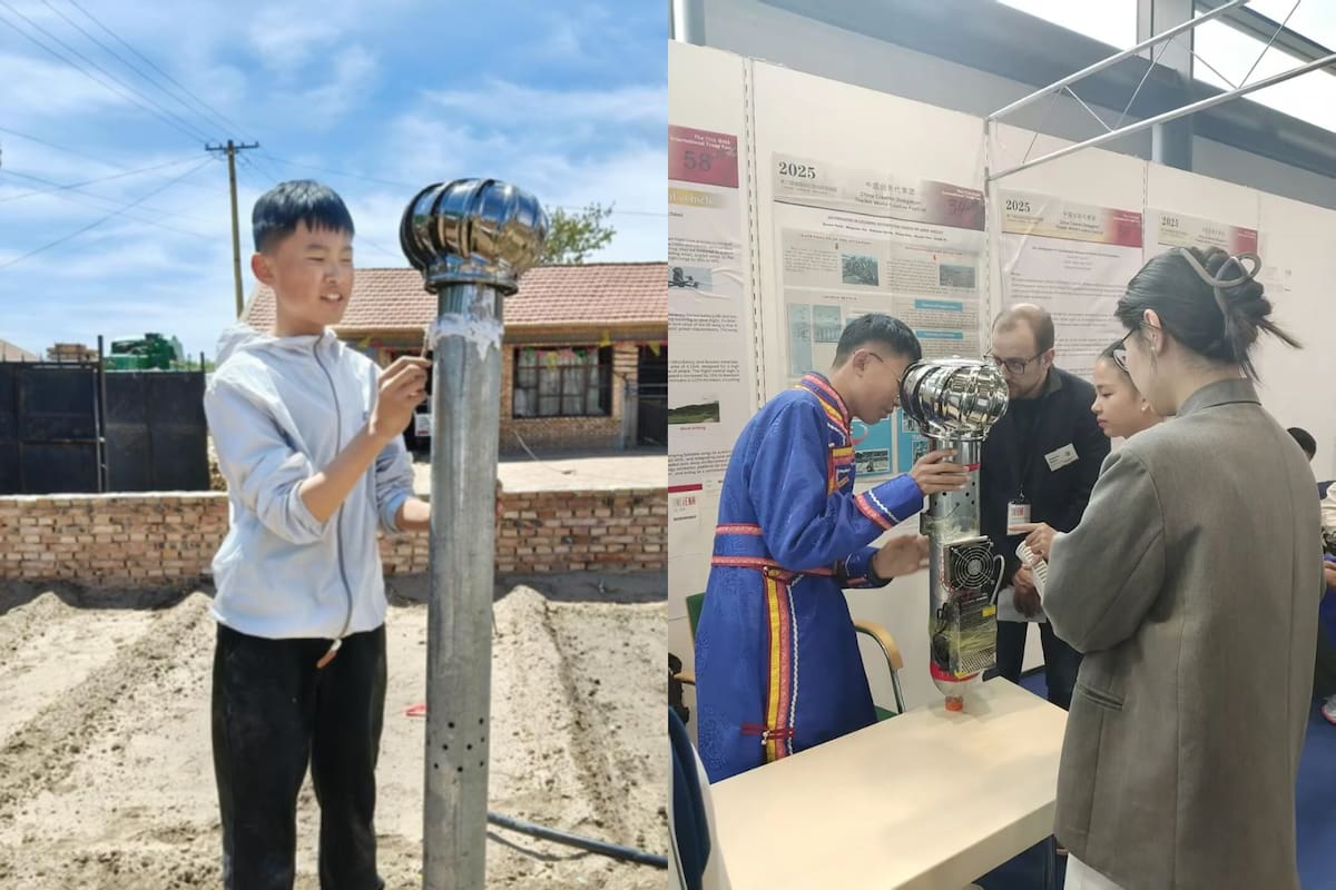 Un estudiante chino de 14 años creó un sistema con un tubo metálico y botellas de plástico que obtiene agua de la humedad del aire para regar zonas desérticas sin usar electricidad, bombas ni motores