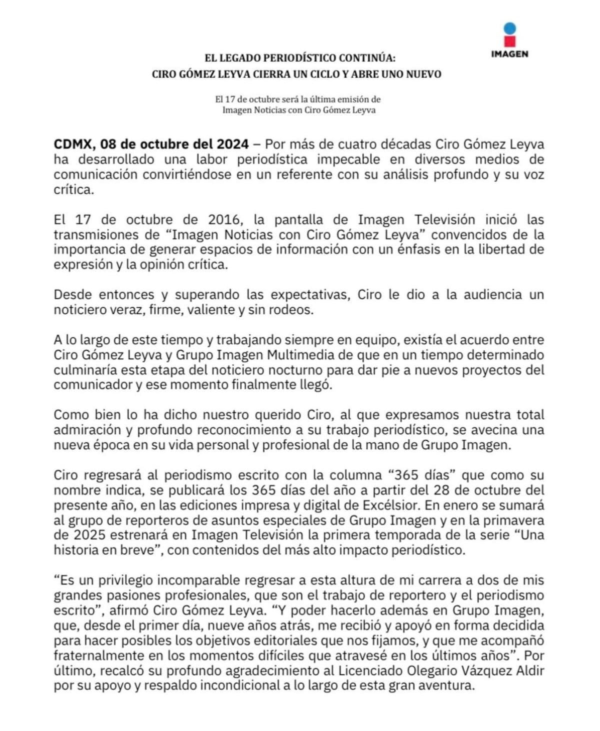 Ciro Gómez Leyva se va de Imagen Televisión a España: Cuándo es su último programa. Foto: Especial