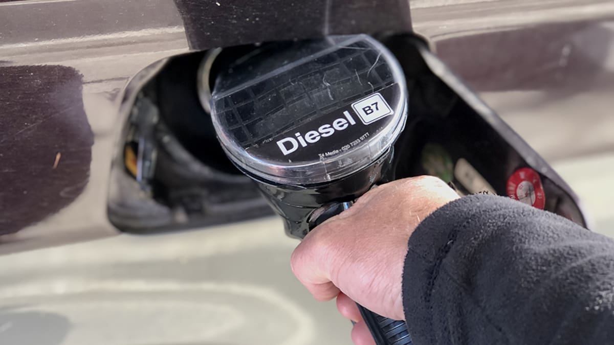 GLASTONBURY, UNITED KINGDOM - OCTOBER 03: In this photo illustration a man fills a diesel van using a diesel fuel pump at a petrol filling station in Glastonbury, on October 2, 2021 in Somerset, England. The armed forces are set to begin delivering petrol to fuel stations on Monday, after fears over the lack of tanker drivers led to panic buying by the public and forced the government to offer visa waivers to foreign truckers to plug the shortfall. (Photo Illustration by Matt Cardy/Getty Images)