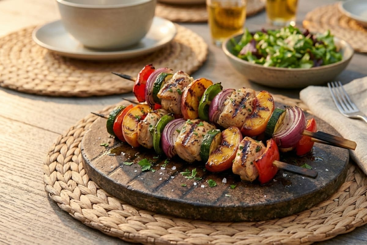 Brochetas de pollo y durazno a la parrilla