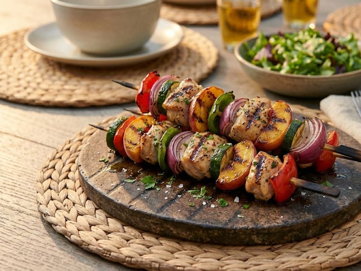 Brochetas de pollo y durazno a la parrilla