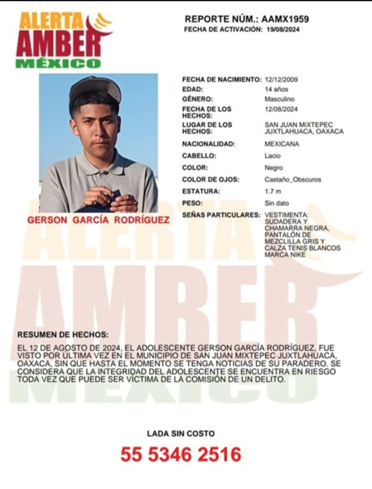 Alerta Amber de Gerson García Rodríguez de 14 años.