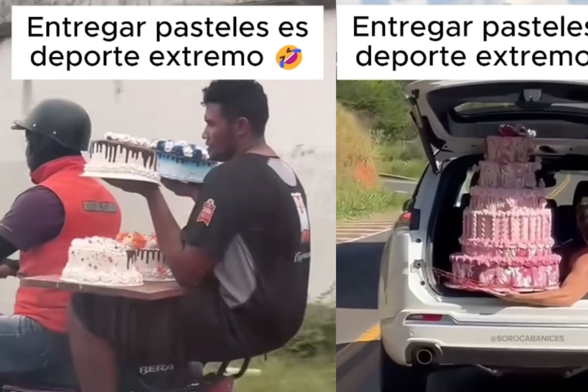 Uno en moto y otro en la cajuela de un auto: reparten pasteles de forma extrema y se vuelven virales