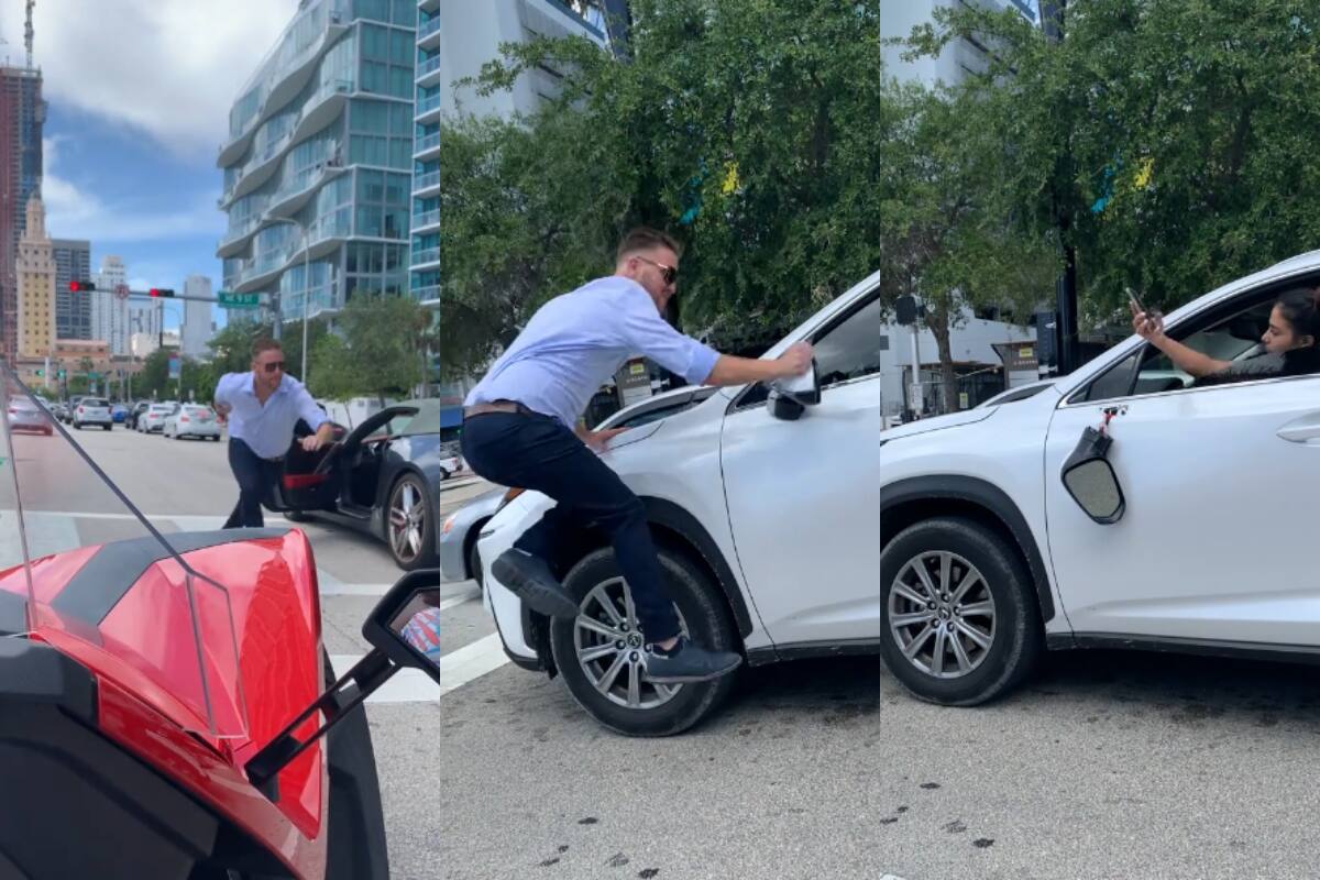 Hombre enfurece con una mujer en plena calle y le rompe un espejo retrovisor con el puño | VIRAL