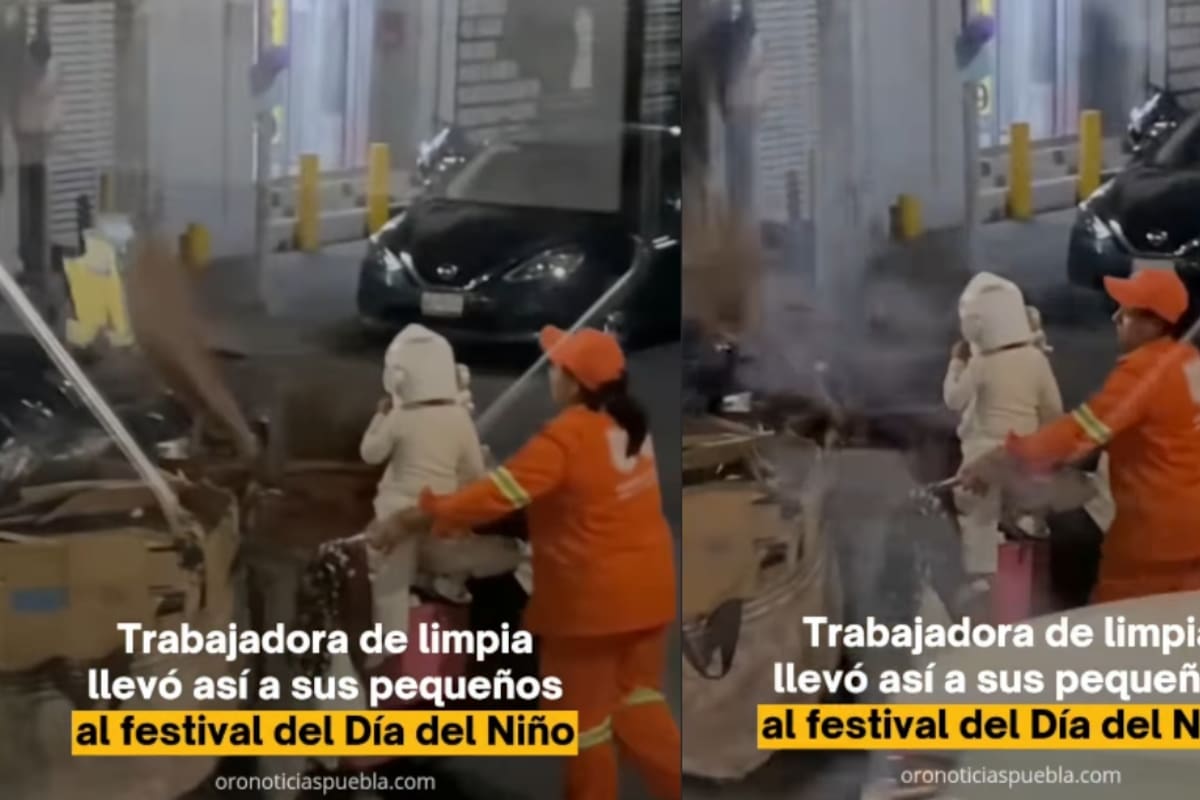 Madre trabajadora de la basura lleva a sus hijos al festival del Día del Niño en su carro de limpieza y causa admiración