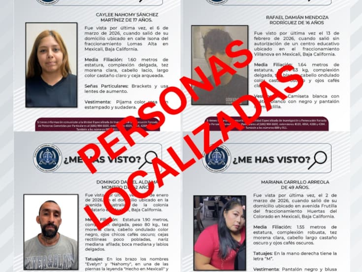 Localizan a cuatro personas desaparecidas en Mexicali; dos son menores