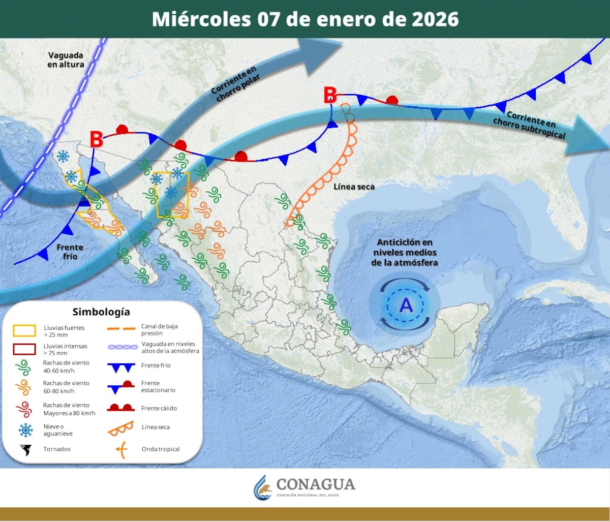 Pronóstico del clima para el miércoles 7 de enero del 2026. | Crédito: SMN