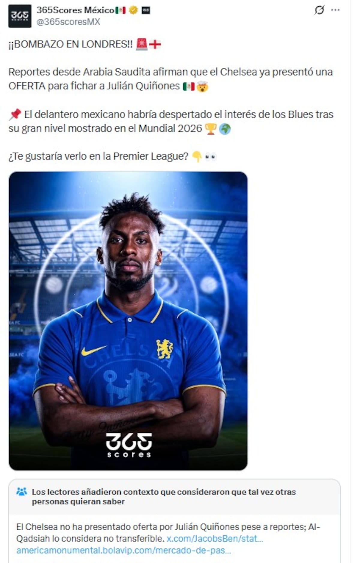 Publicación sobre el supuesto interés del Chelsea por Quiñones, la cual fue desmentida por la propia red social X. (Foto: Captura de pantalla)