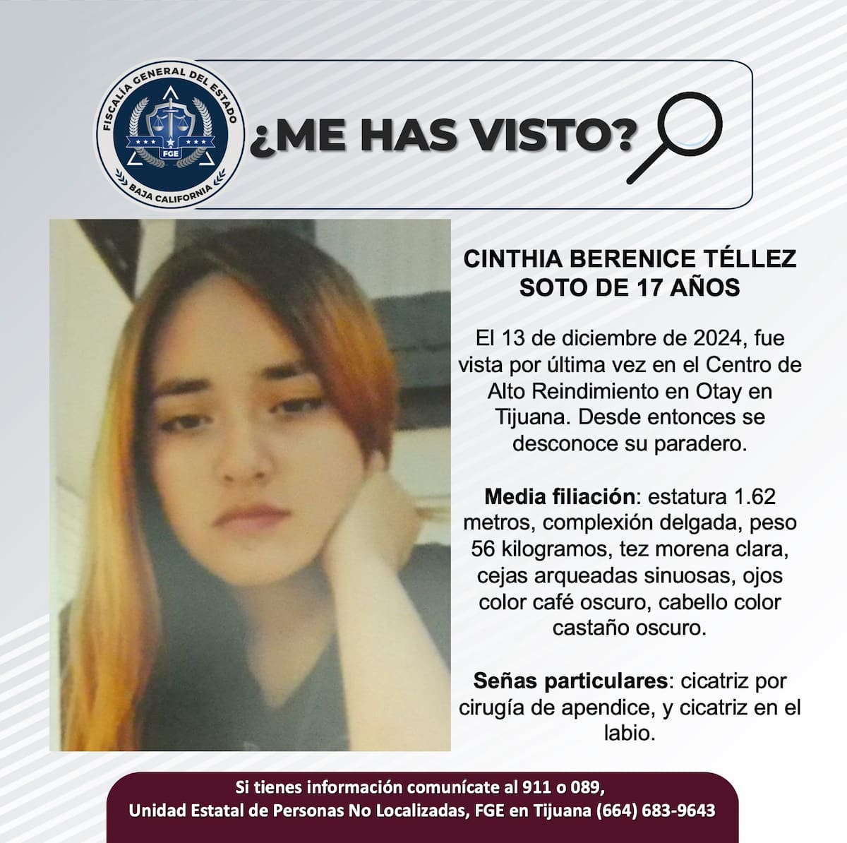 Cinthia Berenice Téllez Soto fue vista por última vez el 13 de diciembre del 2024.