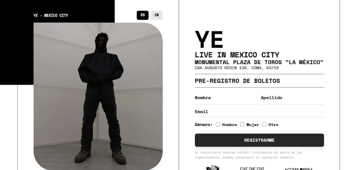 Pre registro para los boletos de Kanye West | Captura yemexicocity.com/