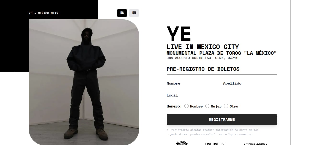 Pre registro para los boletos de Kanye West | Captura yemexicocity.com/