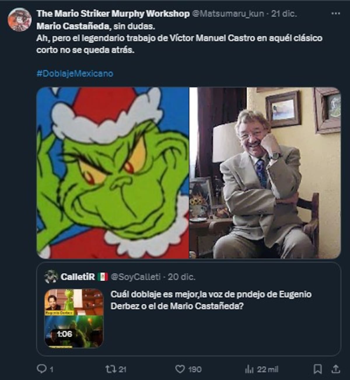 Recuerdan al actor Victor Manuel Castro por su doblaje en "El Grinch" de 1966 / Cuenta de X: @Matsumaru_kun