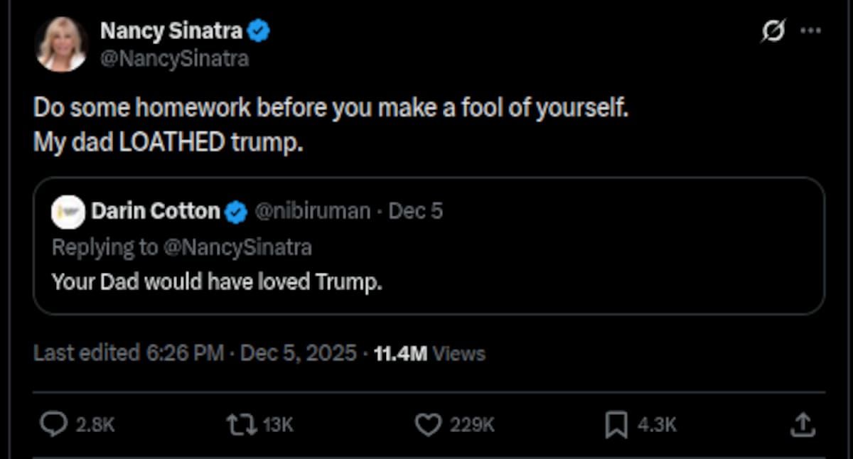 Frank Sinatra "aborrecía" a Donald Trump | Cuenta de X: @NancySinatra