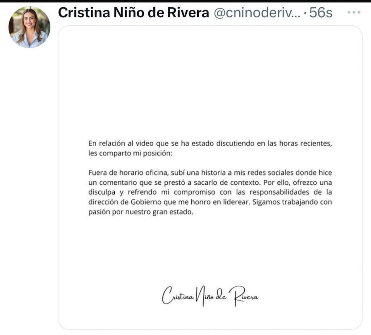 Cristina Niño de Rivera ya se había disculpado por su publicación antes de que su despido se hiciera público. Foto: Captura de Pantalla
