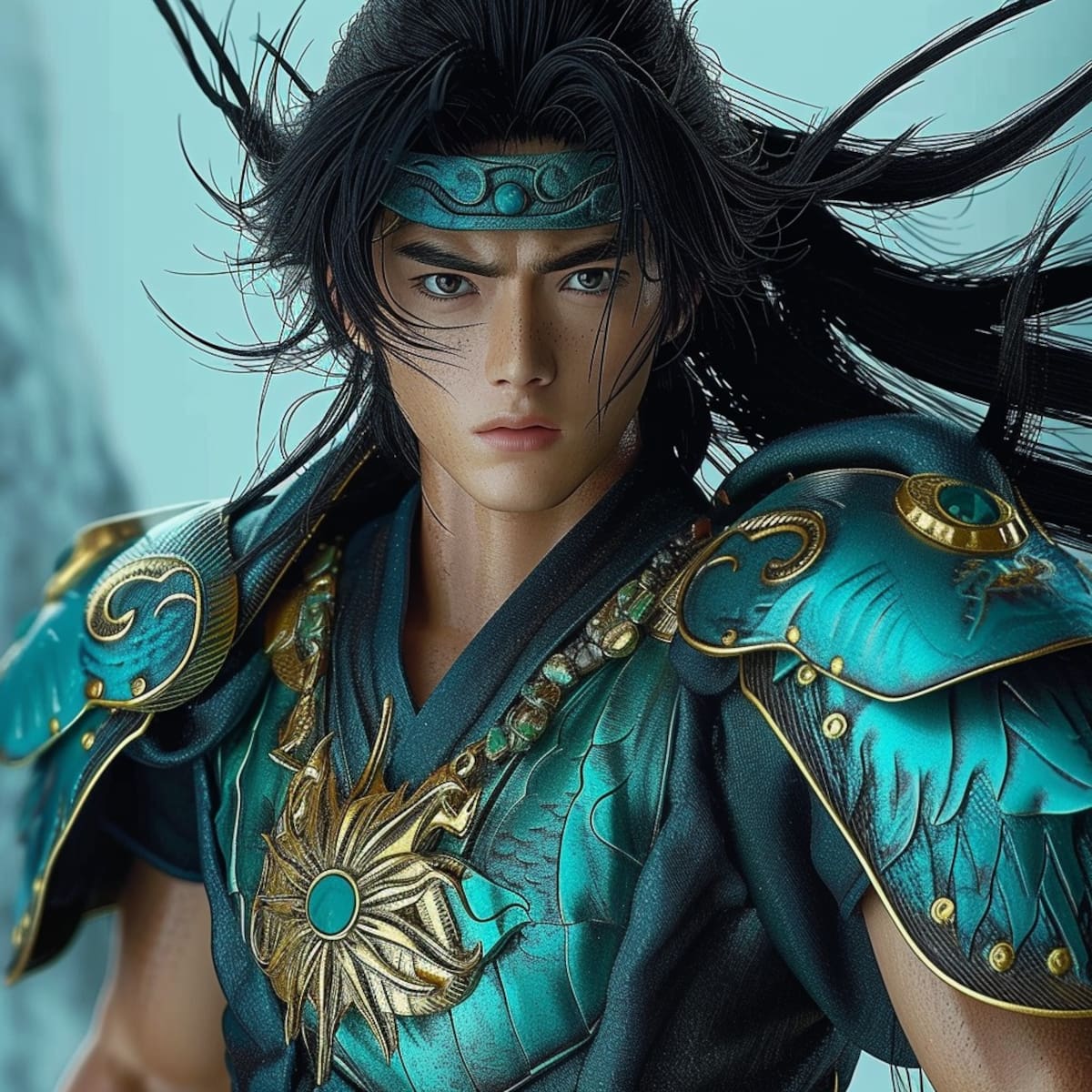 Shiryū de Dragón, la representación generada por IA, destaca su nobleza y fuerte sentido del honor en este impresionante retrato visual.