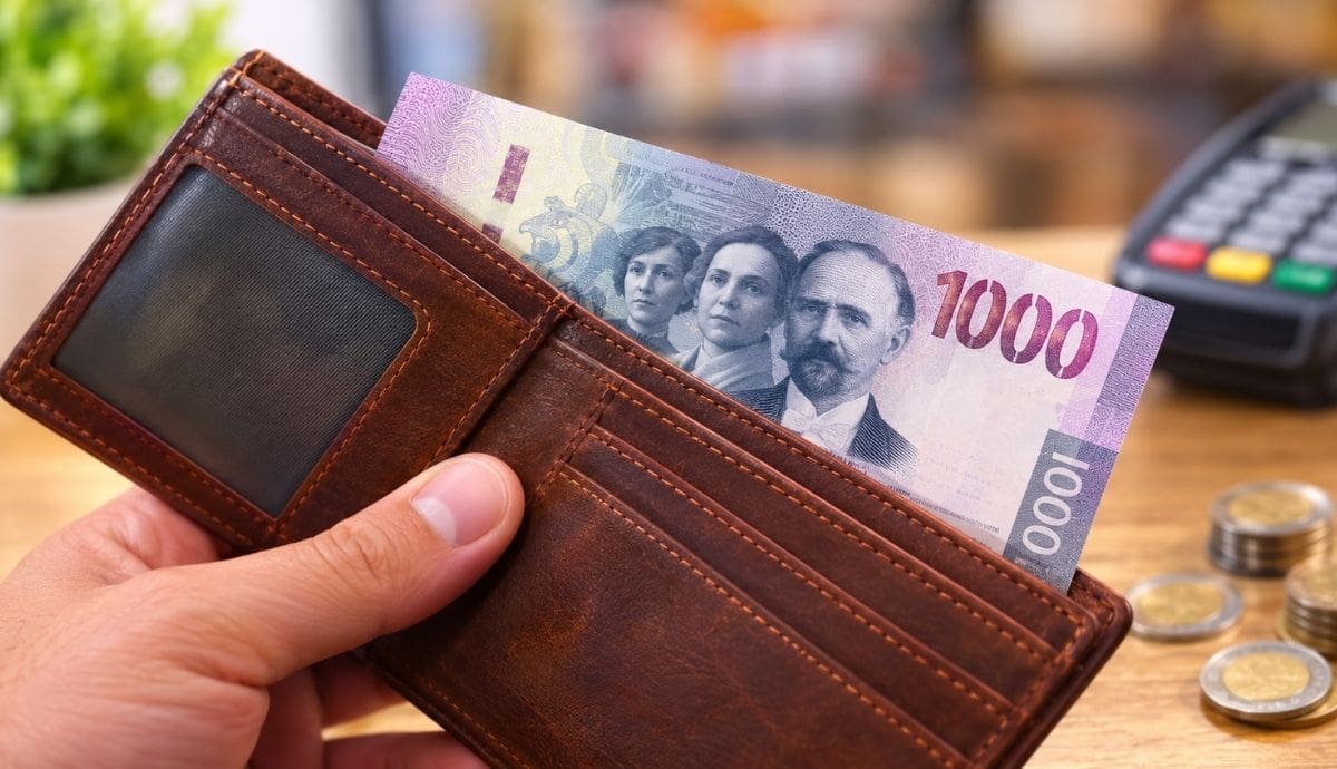Un billete de 1,000 pesos de la familia G sobresale de una billetera de cuero sobre un mostrador donde se aprecia una terminal de pago y monedas mexicanas. | Pexels, IA, Banxico