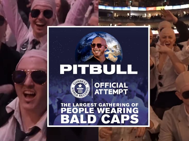 Pitbull organiza la mayor reunión de personas usando calvas falsas durante un show, busca establecer un Récord Guiness Mundial