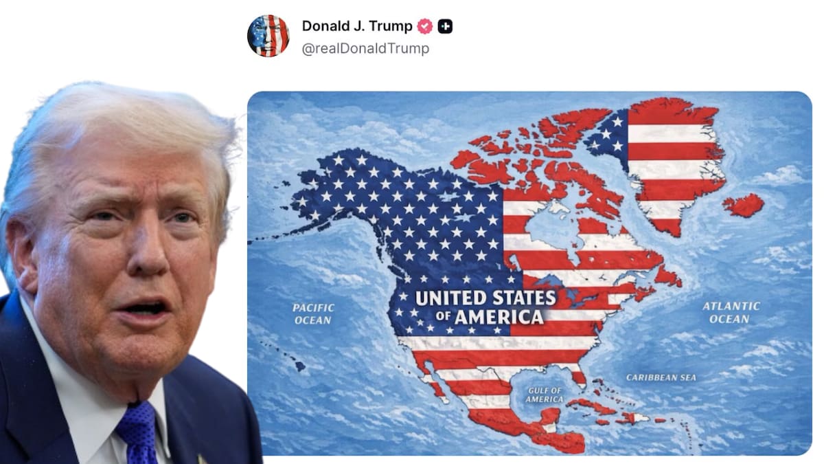 Donald Trump difundió en Truth Social una imagen en la que México, Canadá, Groenlandia, Cuba y otros territorios aparecen representados bajo la bandera de Estados Unidos. (AP/Redes Sociales)