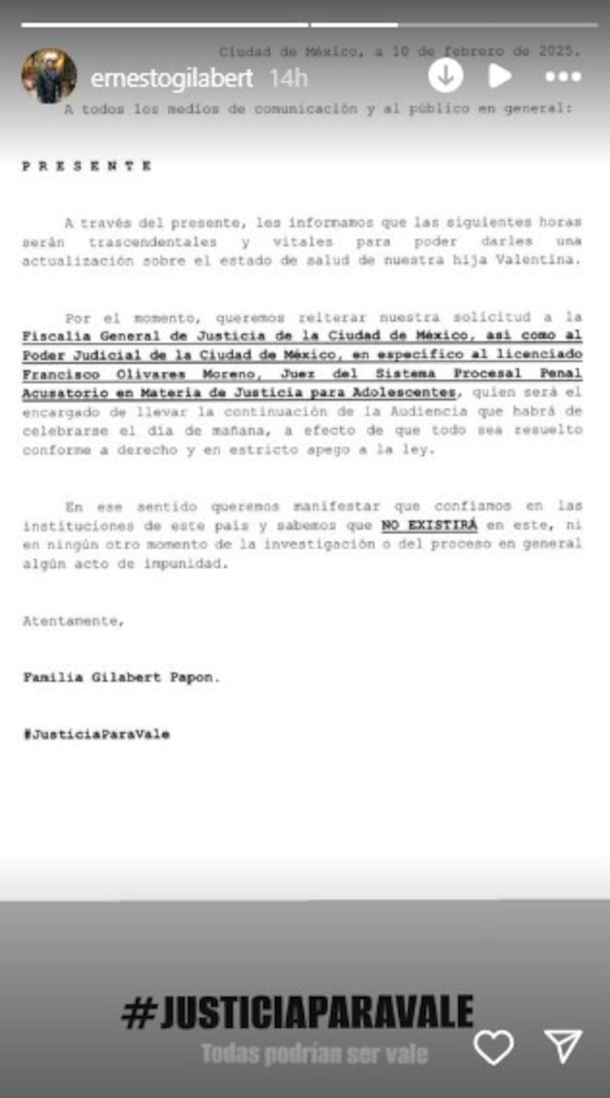 Familia de Valentina exige justicia / Instagram @ernestogilbert