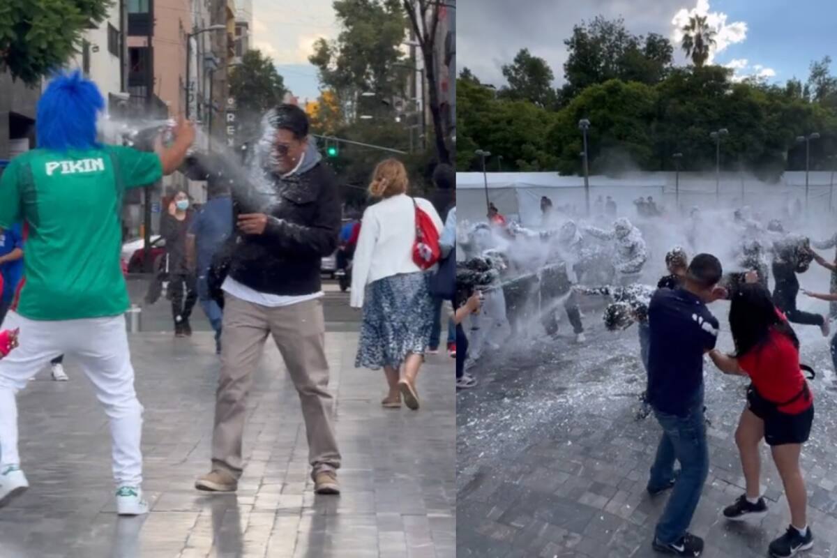 Un payaso obliga a un sujeto a hacer una guerra de espuma, la cual termina siendo masiva delante de Bellas Artes en la CDMX
