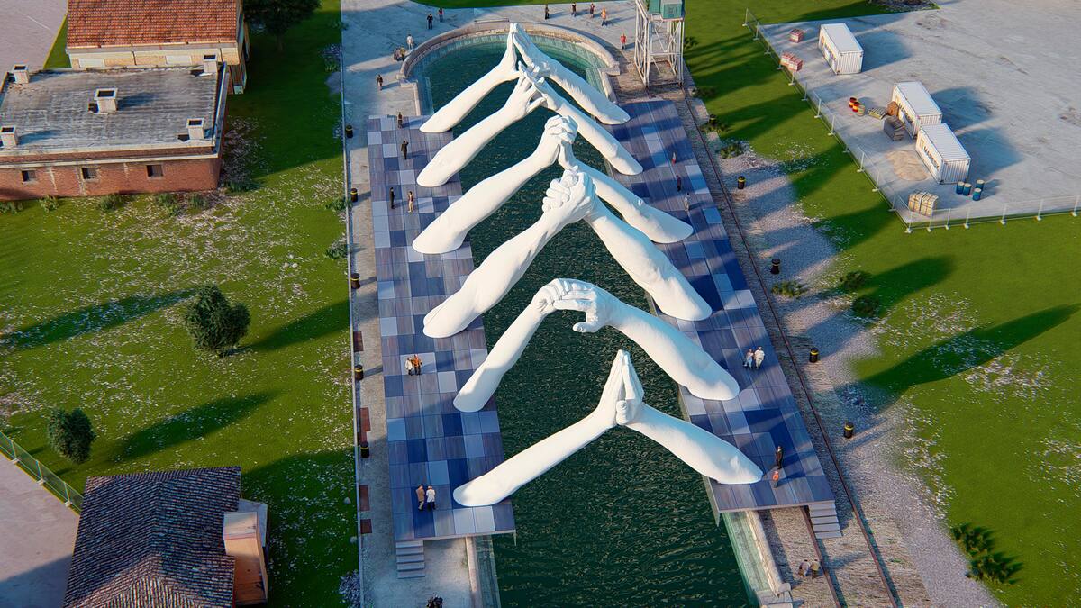 An artistic rendering of Lorenzo Quinn's six pairs of arching hands creating a bridge over a Venetian waterway. Italian artist Lorenzo Quinn created a splash on the sidelines of the Venice Biennale contemporary art fair two years ago with a sculpture of gigantic child’s hands reaching out of the Grand Canal, calling attention to climate change that threatens, among other things, to sink the lagoon city. This edition, Quinn has created a successor sculpture that he wants to be a call to action: Six pairs of arching hands creating a bridge over a Venetian waterway, symbolic of the need overcome divisions. (BLJ via AP)