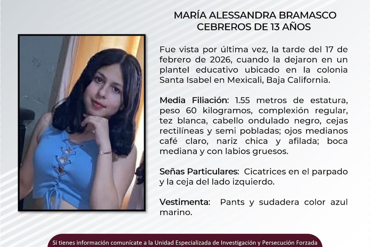 Buscan a María Alessandra Bramasco Cebreros, de 13 años, desaparecida en Mexicali