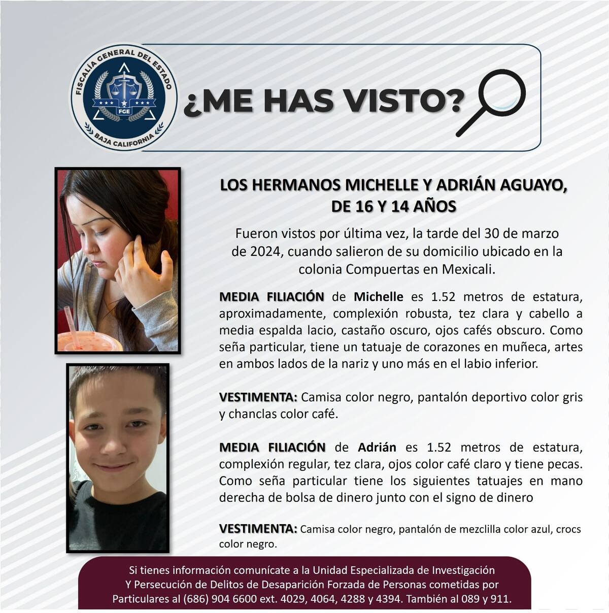 La FGE pide que, en caso de tener información o datos sobre su posible paradero, llamen al teléfono (686) 904 6600 ext. 4029, 4064, 4288 y 4394 l Foto: Cortesía