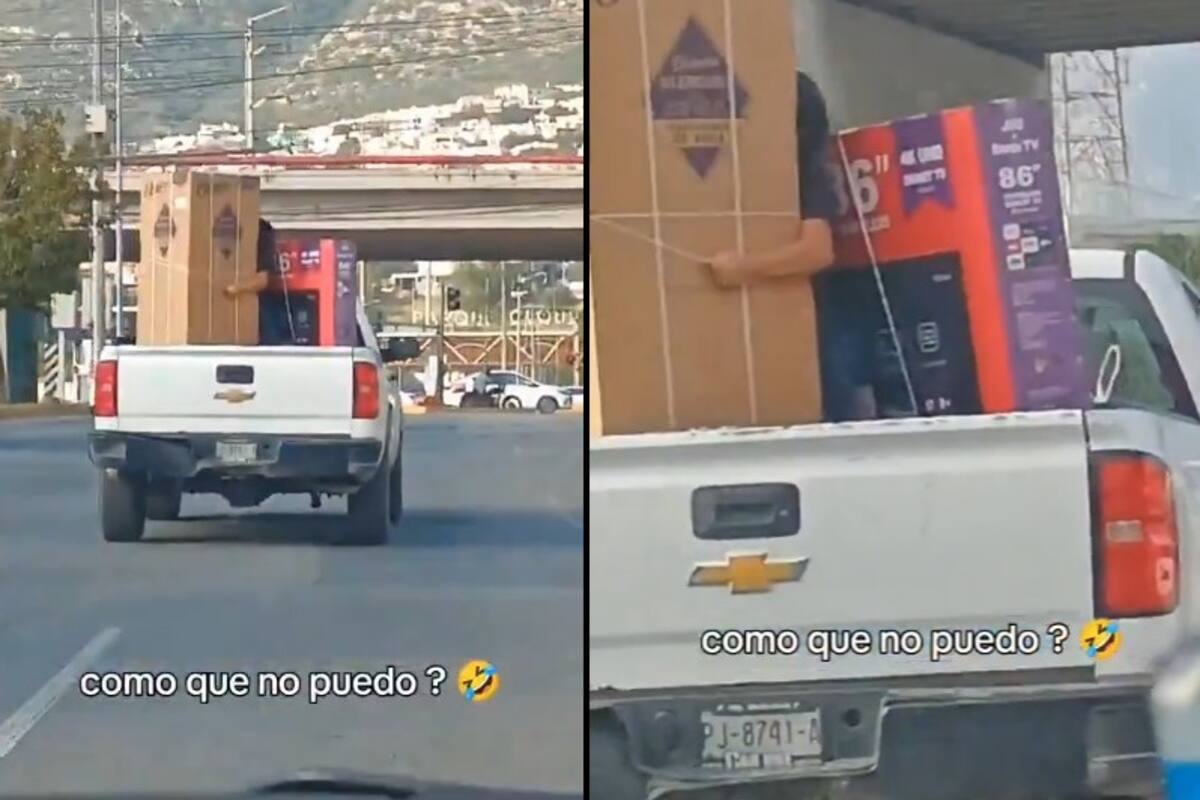 VIDEO: Mujer viaja en la cajuela de una camioneta abrazando su refrigerador y se vuelve viral en Monterrey