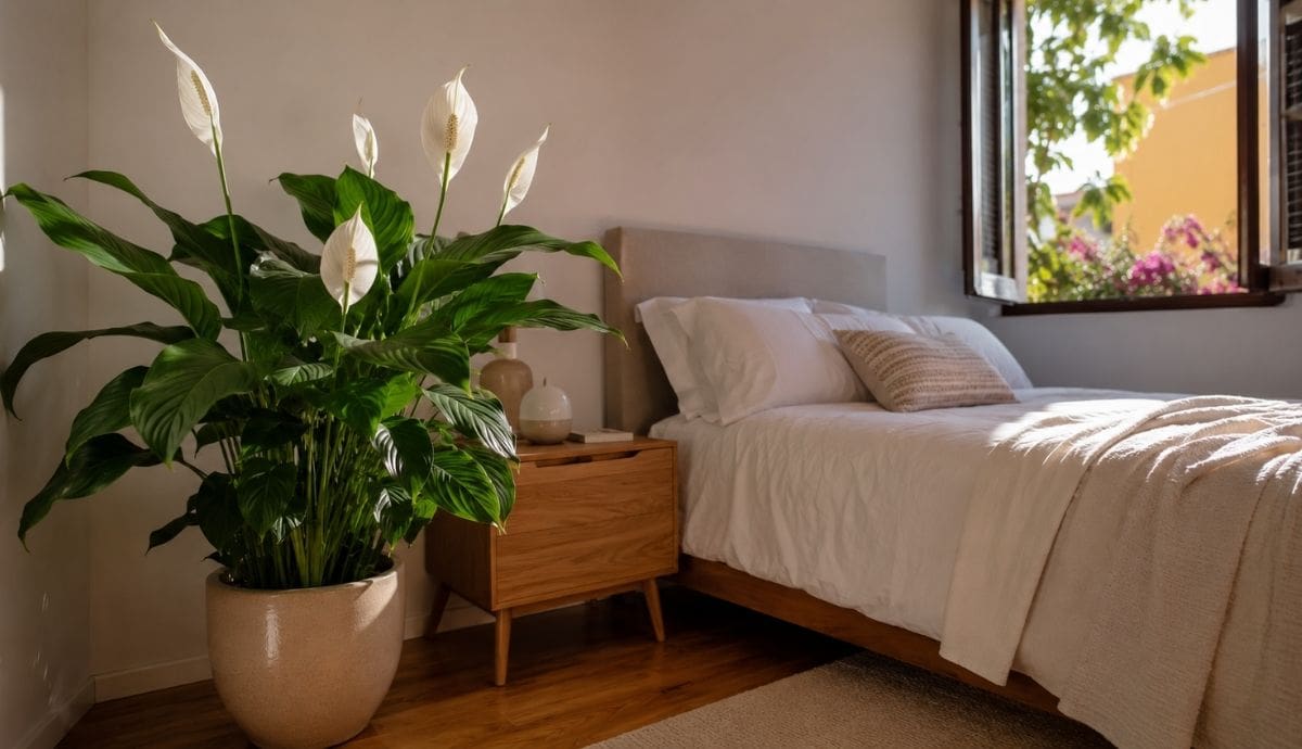 La planta Espatifilo, conocida como Cuna de Moisés, ayuda a purificar el aire del dormitorio y absorber compuestos tóxicos para mejorar la calidad del descanso. | Imagen generada con IA