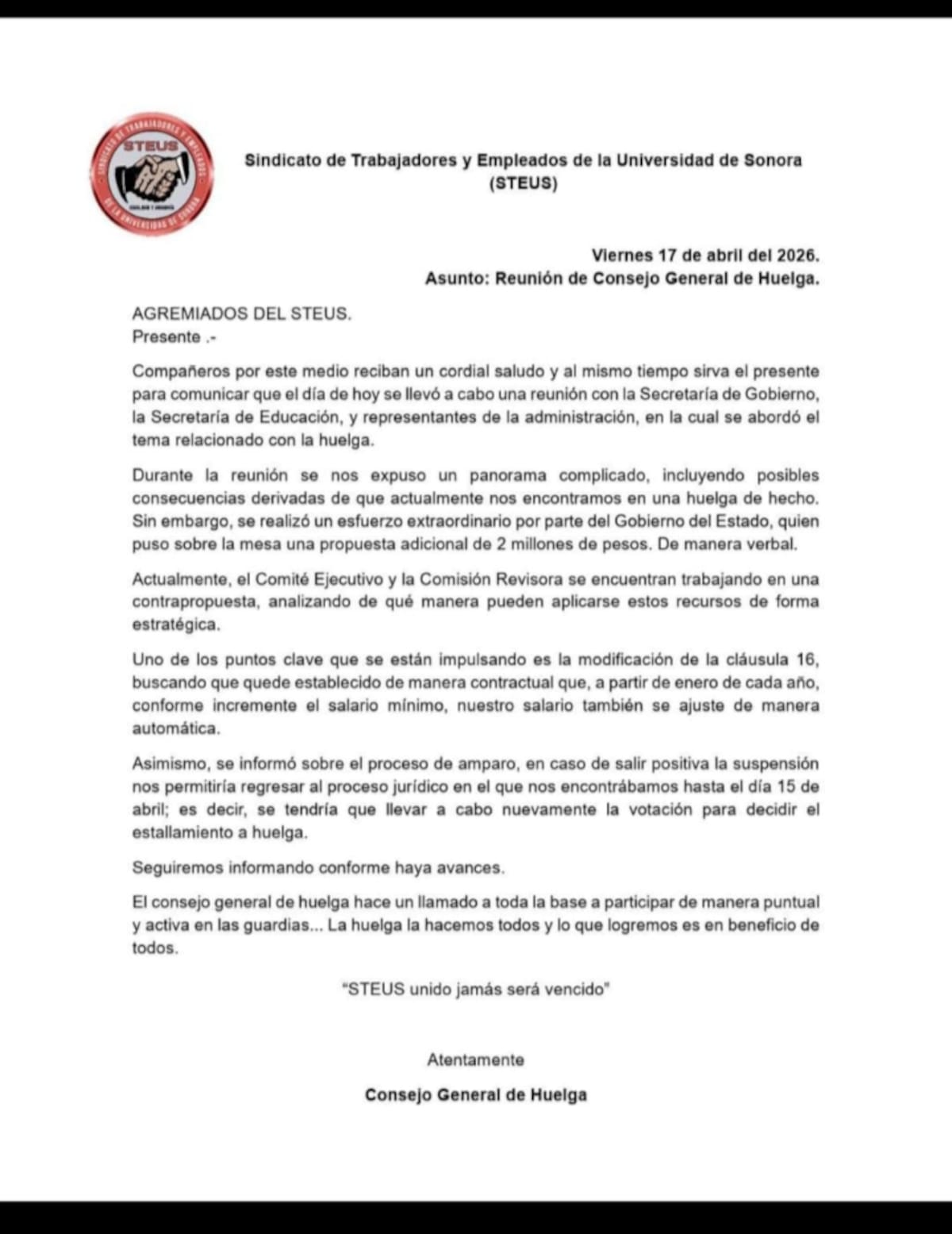 Steus informó de una nueva propuesta verbal del Gobierno de Sonora para resolver la huelga en Unison. | Especial