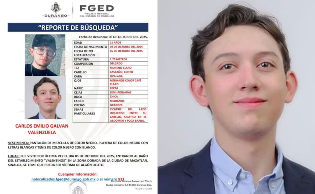 Ficha de búsqueda de Carlos Emilio, joven originario de Durango que desapareció en un bar de Mazatlán, Sinaloa. | FGED
