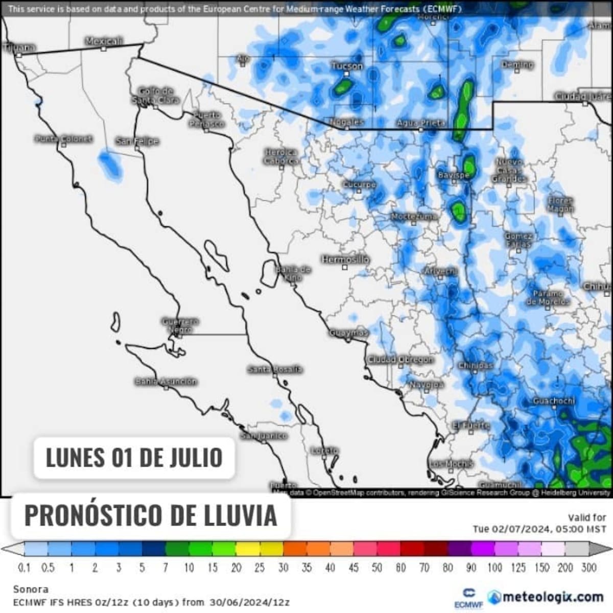 Mapa del pronóstico de lluvia en Sonora.