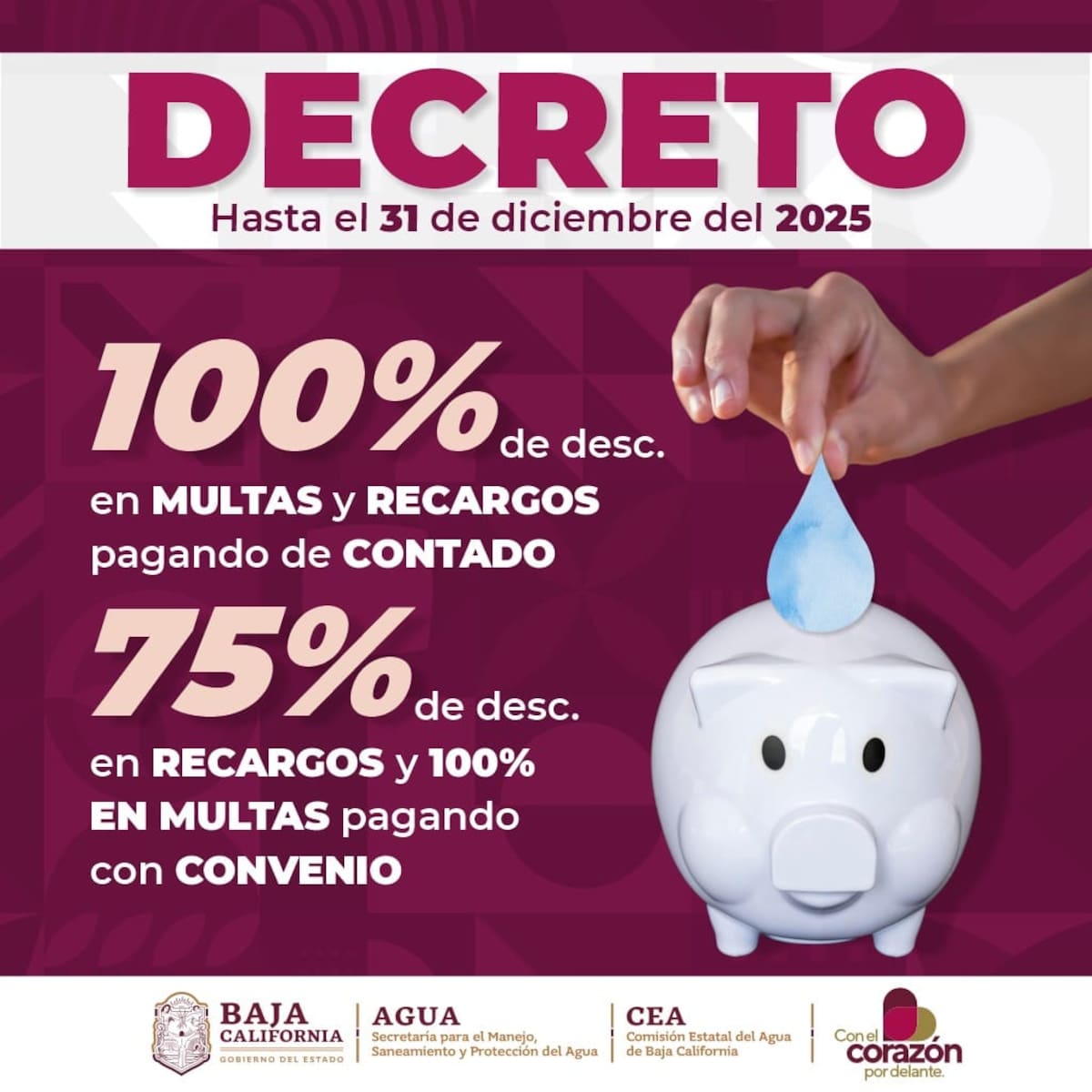 Los usuarios del servicio doméstico de los siete municipios podrá regularizar adeudos hasta el 31 de diciembre de 2025 bajo un esquema que permite descuentos totales o parciales. Foto: Cortesia
